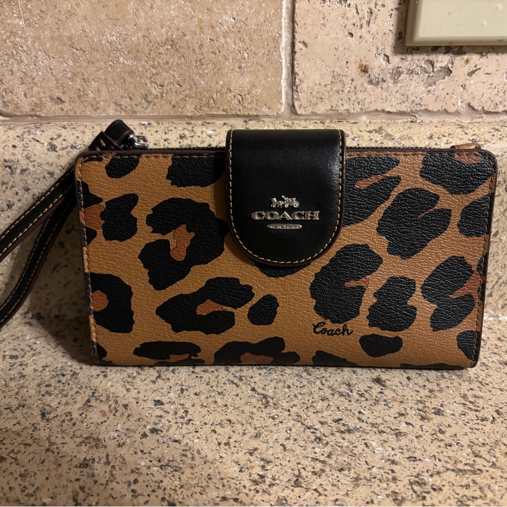 Coach Leopard Print Wristlet in Brown and Black
